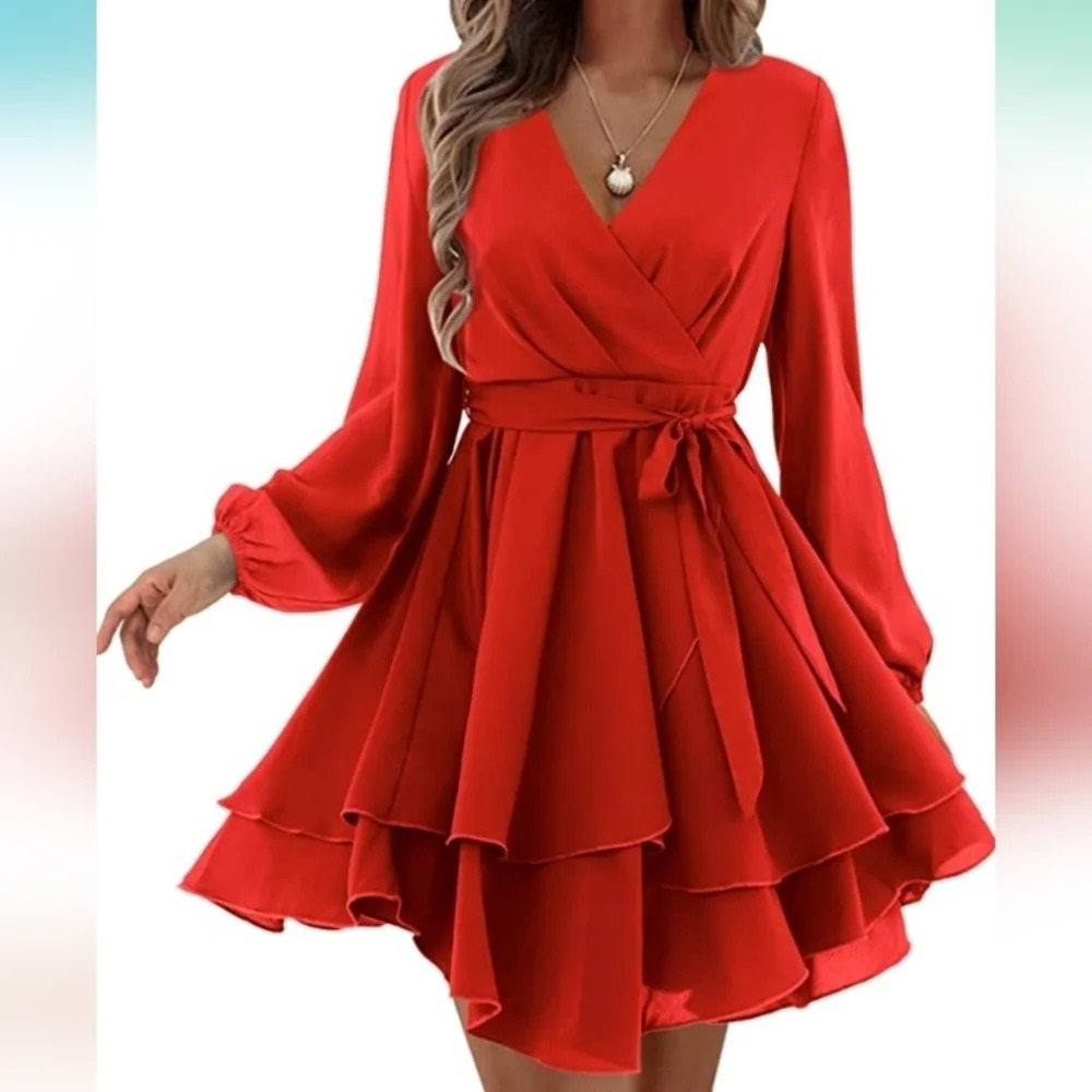 NWT Amoretu Womens Casual Long/Short Sleeve Wrap V-Neck Ruffle Mini Dresses